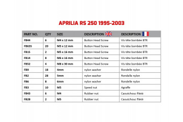 Kit de visserie AVDB spécifique pour carénages APRILIA RS 250 1995 - 2003