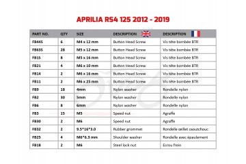 Kit de visserie AVDB spécifique pour carénages APRILIA RS4 RS 125 2012 - 2024