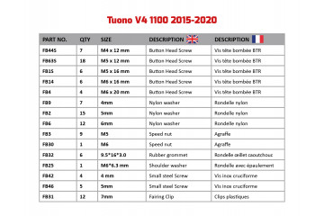 Kit de visserie AVDB spécifique pour carénages APRILIA Tuono V4 1100 2015 - 2020