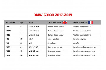 Kit de tornillos AVDB especifico para carenados BMW G310R 2017 - 2024