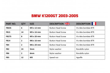 Kit de visserie AVDB spécifique pour carénages BMW K1200GT 2003 - 2005