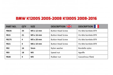 Kit de visserie AVDB spécifique pour carénages BMW K1200S K1300S 2005 - 2016