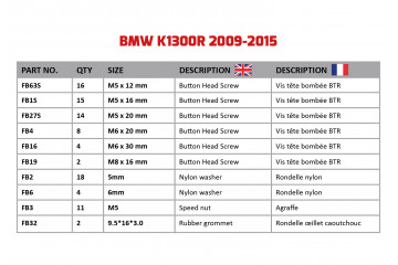 Kit de visserie AVDB spécifique pour carénages BMW K1300R 2009 - 2015