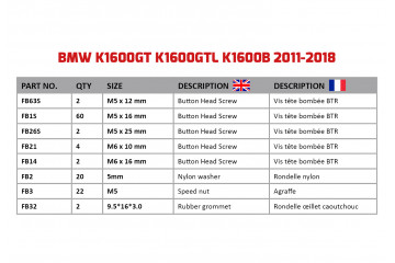 Kit de visserie AVDB spécifique pour carénages BMW K1600GT / K1600GTL / K1600B 2011 - 2016