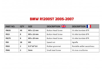 Kit de visserie AVDB spécifique pour carénages BMW R1200ST 2005 - 2007