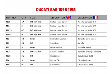 Kit de visserie AVDB spécifique pour carénages DUCATI SBK 848 / 1098 / 1198