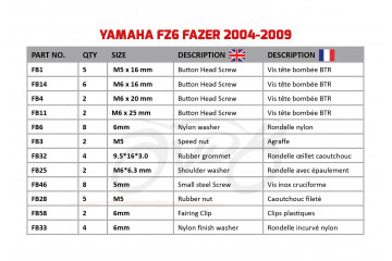 AVDB complementary Hardware / Bolts & Screws Kit for Fairing YAMAHA FZ6 / FAZER 600 2004 - 2015