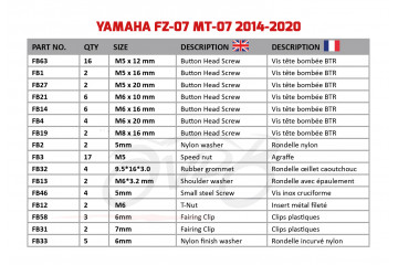Kit de visserie AVDB spécifique pour carénages YAMAHA MT07 2014 - 2024