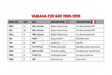 Kit de tornillos AVDB complementario para carenados YAMAHA FZR 600 1989 - 1999