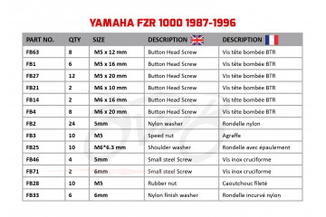 Kit de visserie AVDB spécifique pour carénages YAMAHA FZR 1000 1987 - 1996