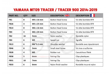 Spezifischer Schraubensatz AVDB für Verkleidungen YAMAHA MT09 TRACER / TRACER 900 2014 - 2020