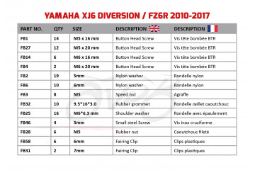 Kit de visserie AVDB spécifique pour carénages YAMAHA XJ6 & DIVERSION 600 2009 - 2017