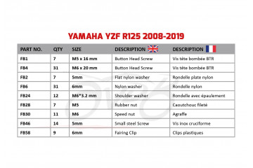 Spezifischer Schraubensatz AVDB für Verkleidungen YAMAHA YZF R125 2008 - 2020
