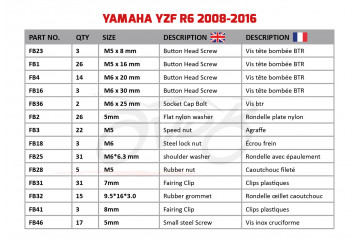 Kit de visserie AVDB spécifique pour carénages YAMAHA YZF R6 2008 - 2016