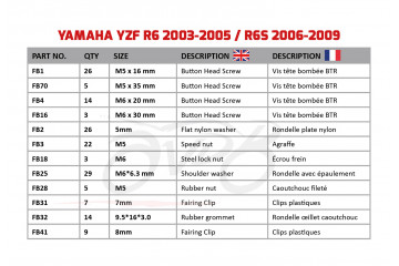 Kit de visserie AVDB spécifique pour carénages YAMAHA YZF R6 2003 - 2005
