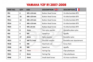 Kit de visserie AVDB spécifique pour carénages YAMAHA YZF R1 2007 - 2008