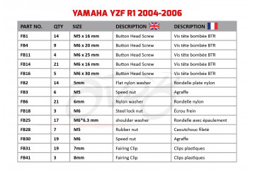 Kit de visserie AVDB spécifique pour carénages YAMAHA YZF R1 2004 - 2006