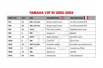 Kit de visserie AVDB spécifique pour carénages YAMAHA YZF R1 2002 - 2003