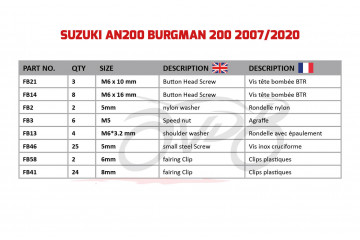 Spezifischer Schraubensatz AVDB für Verkleidungen SUZUKI BURGMAN 125 / 200 2007 - 2020