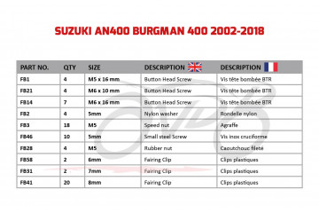 Kit de visserie AVDB spécifique pour carénages SUZUKI AN400 BURGMAN 400 2002 - 2018
