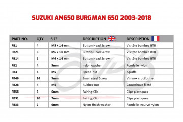 Kit de visserie AVDB spécifique pour carénages SUZUKI BURGMAN 650 2003 - 2020