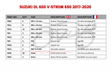 Kit de visserie AVDB spécifique pour carénages SUZUKI VSTROM 650 DL650 2017 - 2024