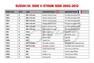 Kit de visserie AVDB spécifique pour carénages SUZUKI VSTROM 1000 DL1000 2002 - 2012