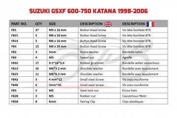 Kit de tornillos AVDB complementario para carenados SUZUKI GSXF 600 / 750 KATANA 1998 - 2006