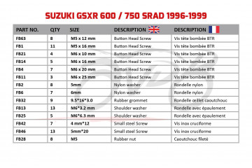 Kit de visserie AVDB spécifique pour carénages SUZUKI GSXR 600 / 750 SRAD 1996 - 2000