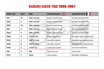 Kit de tornillos AVDB complementario para carenados SUZUKI GSXR 750 1985 - 1987