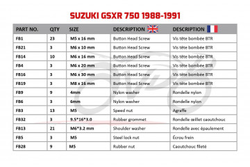 Kit de tornillos AVDB complementario para carenados SUZUKI GSXR 750 1988 - 1991