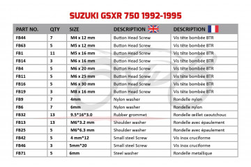 Kit de visserie AVDB spécifique pour carénages SUZUKI GSXR 750 1992 - 1995