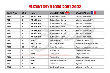 Kit de visserie AVDB spécifique pour carénages SUZUKI GSXR 1000 2001 - 2002