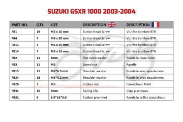 Spezifischer Schraubensatz AVDB für Verkleidungen SUZUKI GSXR 1000 2003 - 2004