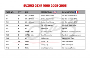 Kit de visserie AVDB spécifique pour carénages SUZUKI GSXR 1000 2005 - 2006