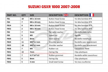 Kit de visserie AVDB spécifique pour carénages SUZUKI GSXR 1000 2007 - 2008