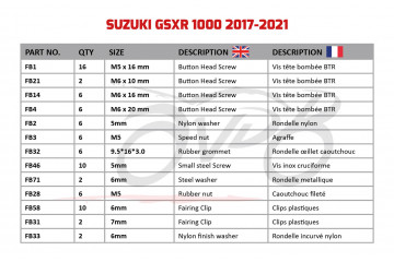AVDB complementary Hardware / Bolts & Screws Kit for Fairing SUZUKI GSXR 1000 2017 - 2021
