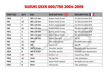 Kit de visserie AVDB spécifique pour carénages SUZUKI GSXR 600 / 750 2004 - 2005