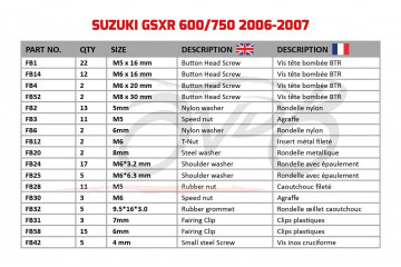 Kit de visserie AVDB spécifique pour carénages SUZUKI GSXR 600 / 750 2006 - 2007