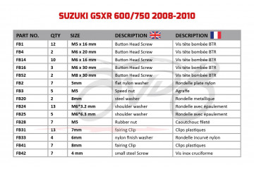 Kit de visserie AVDB spécifique pour carénages SUZUKI GSXR 600 750 2008 - 2010