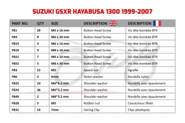 Kit de visserie AVDB spécifique pour carénages SUZUKI GSXR 1300 HAYABUSA 1999 - 2007