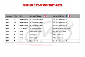AVDB complementary Hardware / Bolts & Screws Kit for Fairing SUZUKI GSXS 750 2017 - 2021