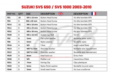 Kit de visserie AVDB spécifique pour carénages SUZUKI SV SVS 650 / 1000 2003 - 2010