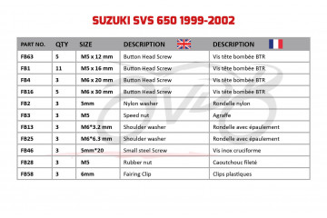 Kit de visserie AVDB spécifique pour carénages SUZUKI SV SVS 650 S / N 1999 - 2002