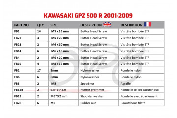 Kit de visserie AVDB spécifique pour carénages KAWASAKI GPZ 500 / NINJA 500 1987 - 2009