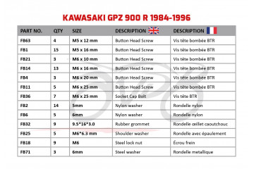 Spezifischer Schraubensatz AVDB für Verkleidungen KAWASAKI GPZ 900 1984 - 2003
