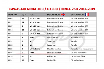 Kit de visserie AVDB spécifique pour carénages KAWASAKI NINJA 300 300R 2013 - 2017