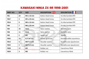 AVDB Specific Hardware / Complete Bolts & Screws Fairing Kit for KAWASAKI NINJA ZX9R 1998 - 1999
