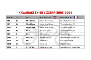 Spezifischer Schraubensatz AVDB für Verkleidungen KAWASAKI ZX6R 636 / ZX6RR 2003 - 2004