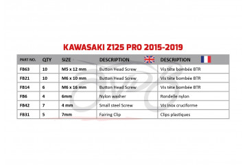 Kit de visserie AVDB spécifique pour carénages KAWASAKI Z125 PRO 2015 - 2024